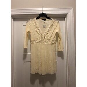 New Express Y2K Beaded Sequin Tunic Top 3/4 Sleeve Cream Casual Size Large Retro
